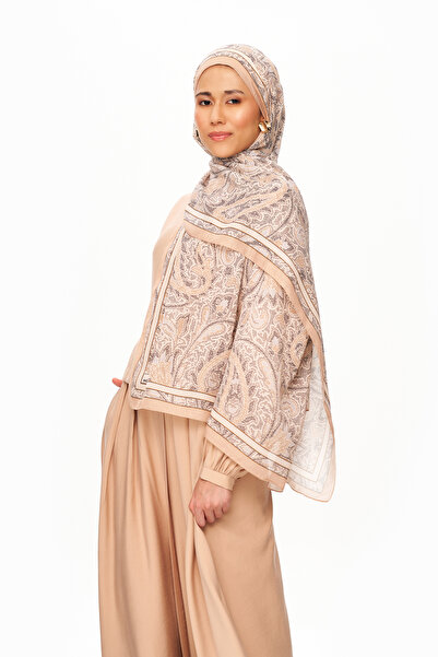 MOISCARF Si̇lver Rose Superior Soft Ethnic Patterned Shawl Beige