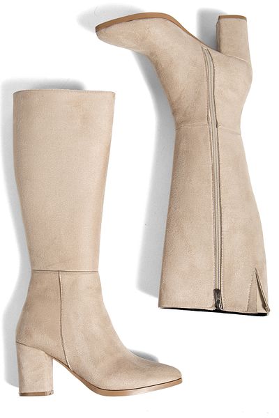 moun shoes Women's Beige Suede Zippered Below the Knee Heeled Boots (the Calf Can Stretch up to 2 cm)