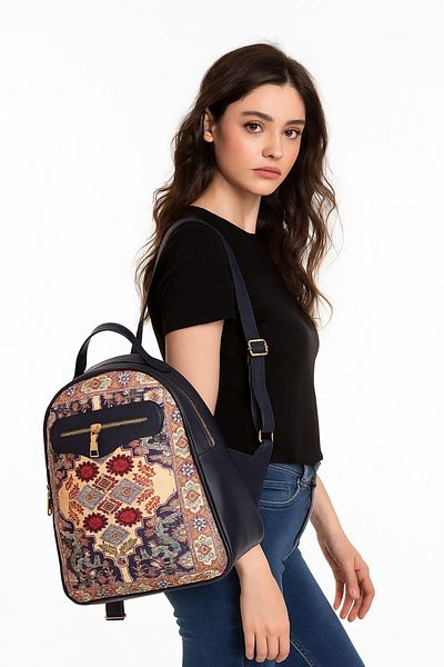 baydar Geometric Carpet Motif Otankil Patterned Navy Blue Backpack – Durable, Lightweight, Multi-Eye Design