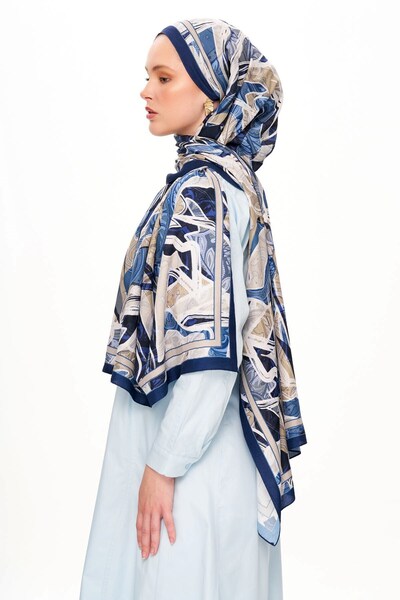 MOISCARF Fleur De Brume Patterned Shawl Navy Blue