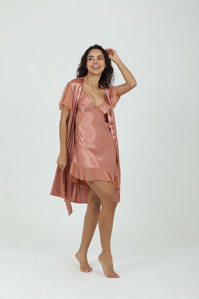 Bondy Short Sleeve Satin Dowry Nightgown Dressing Gown Set – Romantic Style Copper
