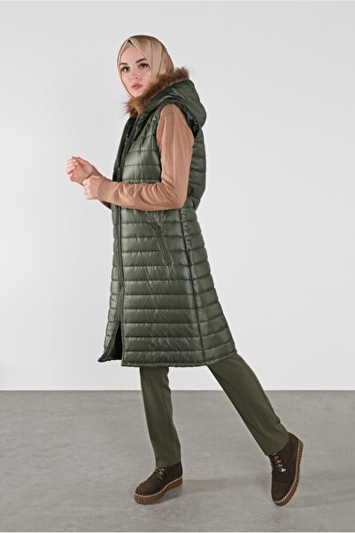 TRENDTESETTÜR Women's Khaki Hooded Fur Puffer Vest 1453