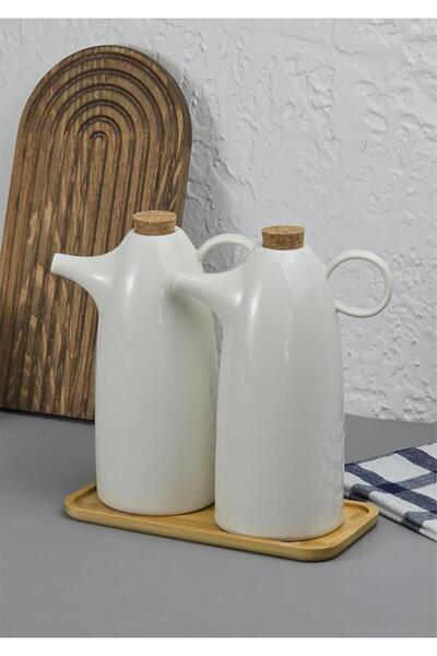 HomeTarz Set of 2 Porcelain Oil Pots - Oil Pots with Bamboo Base - Mushroom Lid - 2X500 ml