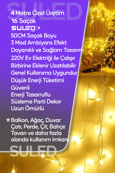 SULED Sarı Led Işık Sarkıt Efekt Modlu 4 Metre Power Led 16 Saçak Süsleme 220v Fişli