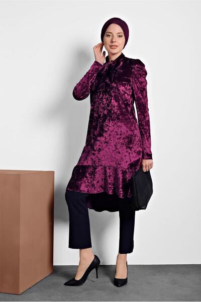 TRENDTESETTÜR Women's Plum Skirt Tip Flounced Collar Tied Tunic 40387