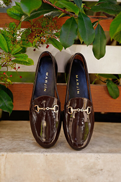 Marjin Women's Genuine Leather Chain Loafer Casual Shoes Tanle Brown Patent Leather