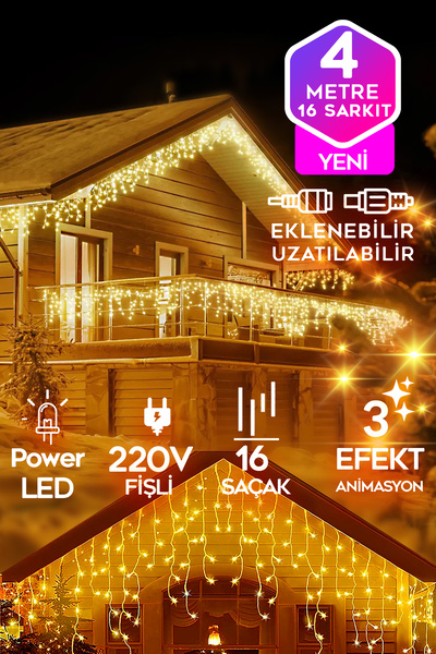 SULED Sarı Led Işık Sarkıt Efekt Modlu 4 Metre Power Led 16 Saçak Süsleme 220v Fişli