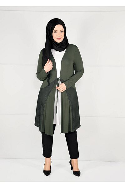 TRENDTESETTÜR Women's Khaki Waist Lace-up Mesh Detailed Knitted Cardigan 2628