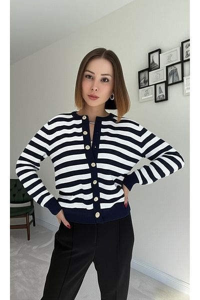 FLEX FASHION Women's Trend Popular Stripes 60 cm Black White Knitwear Cardigan