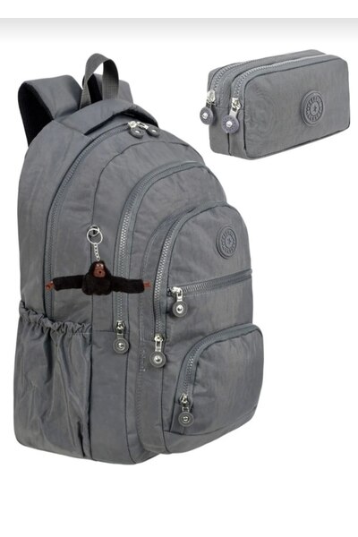 çantamgelsin مجموعة من 2 حقيبة ظهر فاخرة من القماش المجعد للمدرسة الثانوية والمدرسة المتوسطة + حامل أقلام، هدية سلسلة مفاتيح على شكل قرد