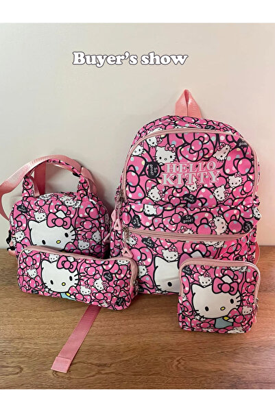 choice2 مجموعة حقيبة ظهر كورومي من هيلو كيتي سي، مكونة من 4 قطع، وحافظة أقلام، وحقيبة كتف، ومحفظة، وحقيبة مدرسية من هيلو كيتي.