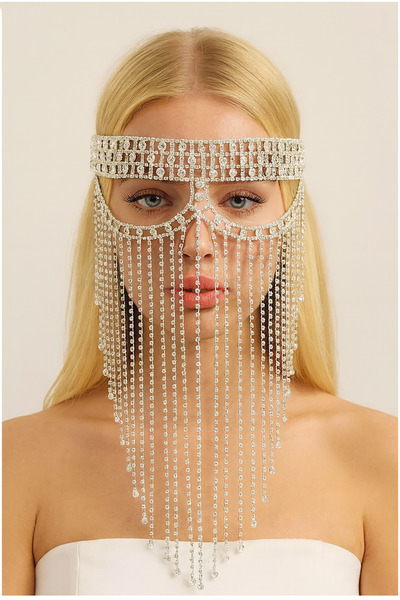 TAKIŞTIR Gümüş Renk Taş Detaylı Parti Maskesi