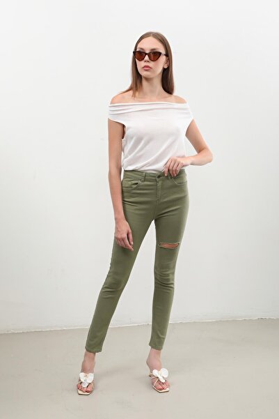 Bluewhite Women's Ripped Detailed Jean Trousers Khaki