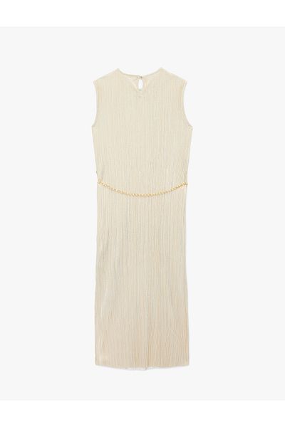 Koton Sleeveless Crew Neck Pleated Midi Length Pencil Dress