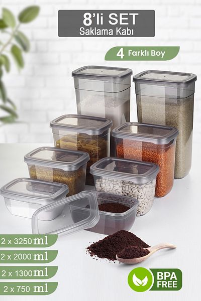 MYBOX Set of 8 Food Storage Containers - Flour and Pulses Storage Box with Leak-Proof Lid 2X(3250-2000-1300-750ml)