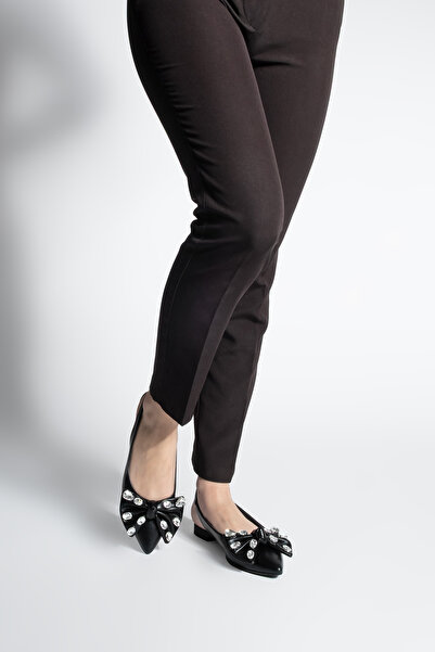 Marjin Women's Pointed Toe Bow Detailed Stoned Open Back Scarf Ballerinas Lispen Black