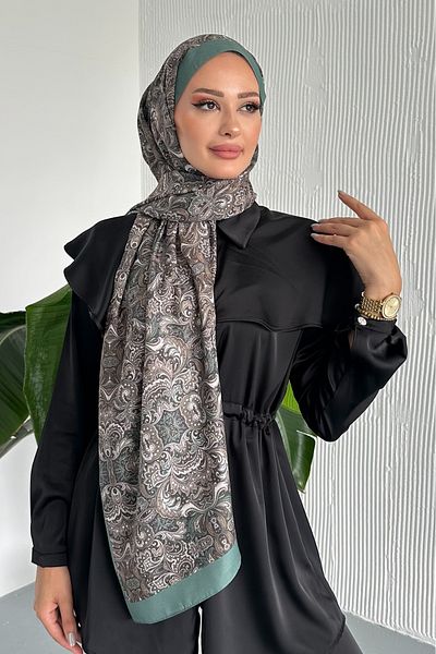Stella Eşarp Ethnic Retro Pattern Green Color Cotton Soft Shawl