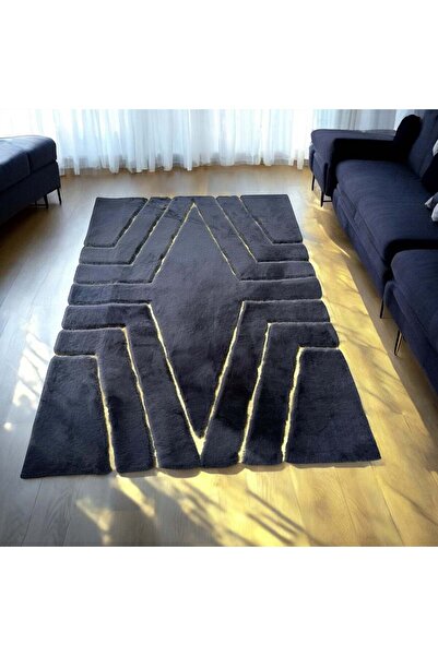 deco marié Altın Detaylı Şık Siyah Peluş Halı - Şık Oturma Odası Halısı