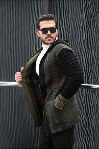 Valiberta Men's Khaki Sleeves Patterned Hooded Poncho Cardigan