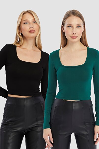 LAENT Kadın Siyah Zümrüt Kare Yaka 2'li Crop Body