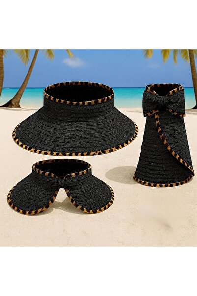 Axesoire 14534 Bow Black Leopard Open Top Wide Straw Visor Hat