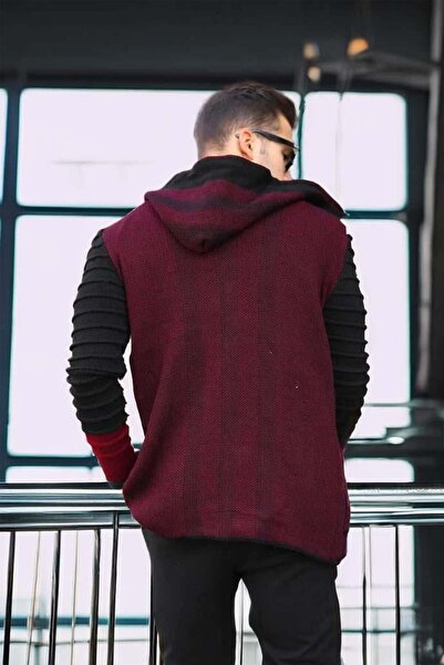 Valiberta Ανδρική ζακέτα πόντσο με κουκούλα με μανίκια μπορντό