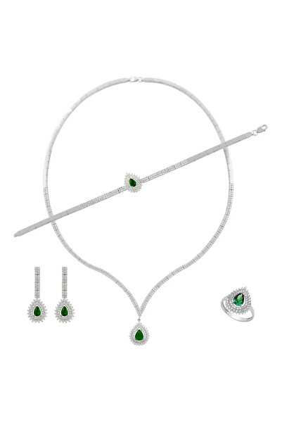 OSMANLI GÜMÜŞ Dionisos Zümrüt Taşlı Gümüş Su Yolu Set - Kolye, Bileklik, Küpe...