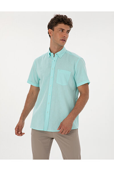 Pierre Cardin Su Yeşili Keten Karışımlı Regular Fit Kısa Kollu Gömlek 5030341...