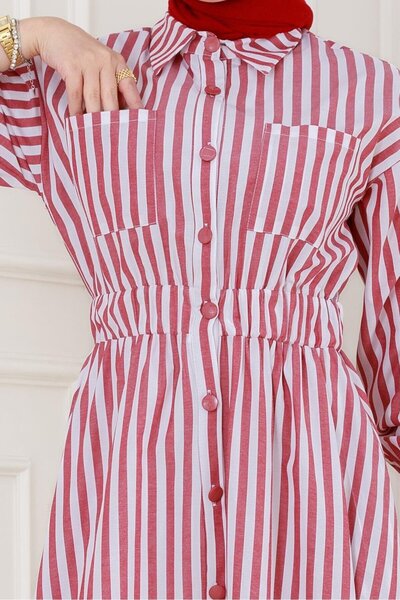 Sevitli Çizgili Cepli Tesettür Elbise-Bordo