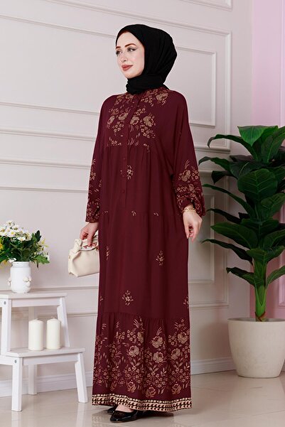 Sevitli Yarım Düğmeli Robalı Nilay Elbise-Bordo