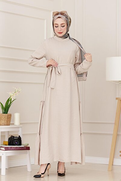 Sevitli Μπεζ Χρώμα Φόρεμα Hijab - Πλαϊνό φερμουάρ
