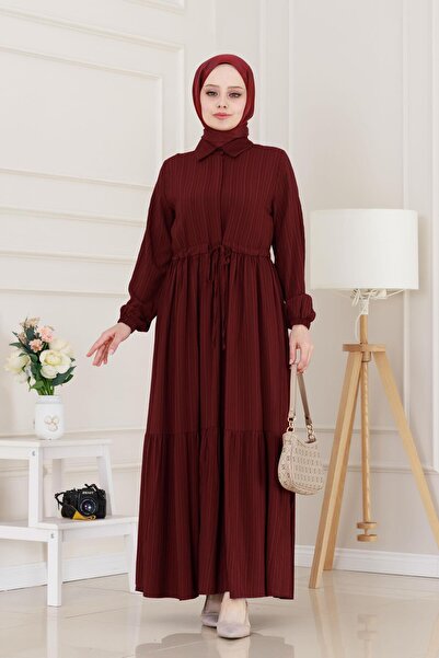 Sevitli Shirt Collar Waist Tunel Sare Dress-Burgundy