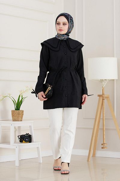 Sevitli Double Collar Lace Tunic-Black