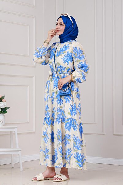 Sevitli Φόρεμα πριγκίπισσας με μοτίβο Mimosa-Μπλε