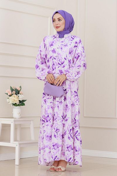 Sevitli Half Button Lotus Dress-Purple