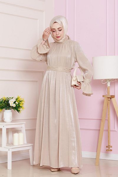 Sevitli Rochie de seara cu maneca bej cu volan broderie