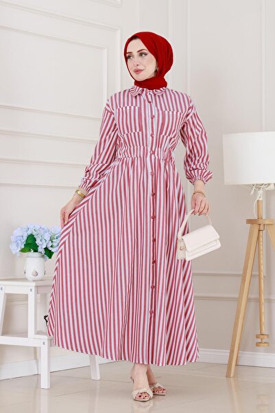 Sevitli Çizgili Cepli Tesettür Elbise-Bordo