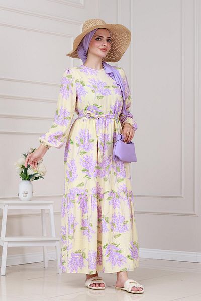 Sevitli Mimosa Patterned Belted Princess Dress-Lilac