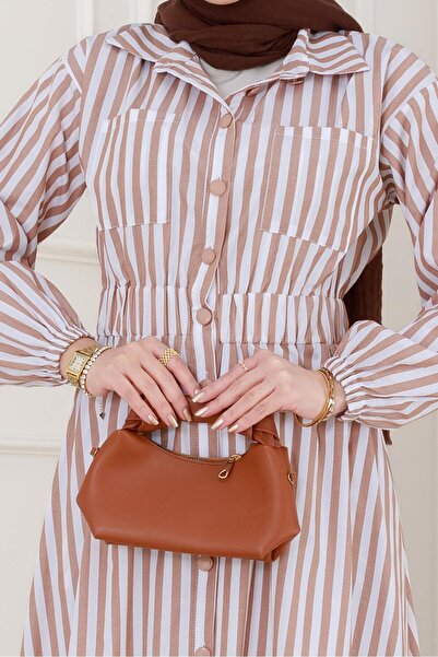 Sevitli Çizgili Cepli Tesettür Elbise-VİZON