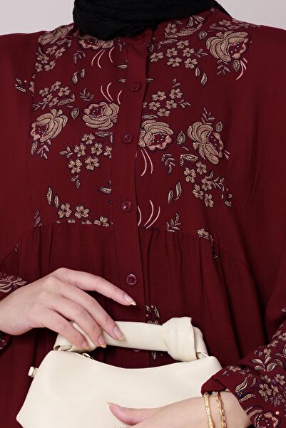 Sevitli Yarım Düğmeli Robalı Nilay Elbise-Bordo