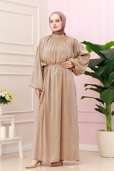 Sevitli Balloon Sleeve Stone Şimal Evening Dress - Mink