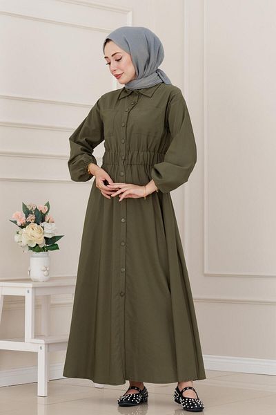 Sevitli Elastic Waist Pocket Dress-Khaki