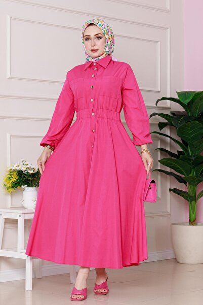 Sevitli Λεπτομερές φόρεμα με λάστιχο στη μέση ροζ γιασεμί