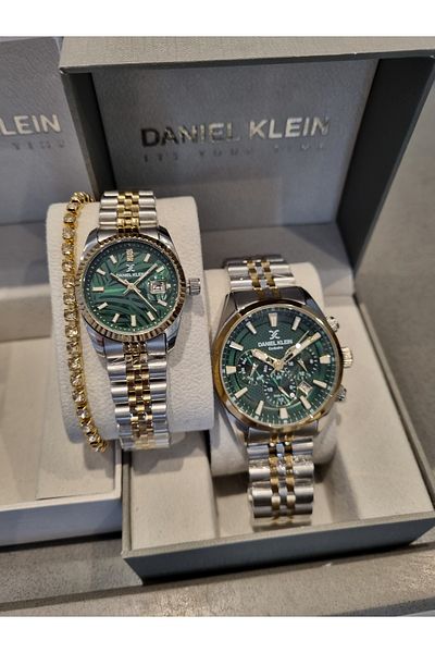 Daniel Klein Green Dial Dear Yellow Steel Bracelet Wrist Watch - Set of 2