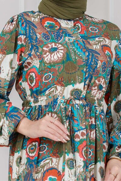 Sevitli Φόρεμα Floral Viscon με τούνελ μέσης-Χακί