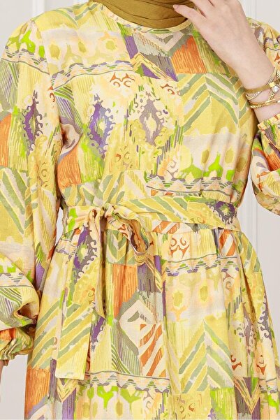 Sevitli Etnik Desenli Kuşaklı Prenses Elbise-Sarı