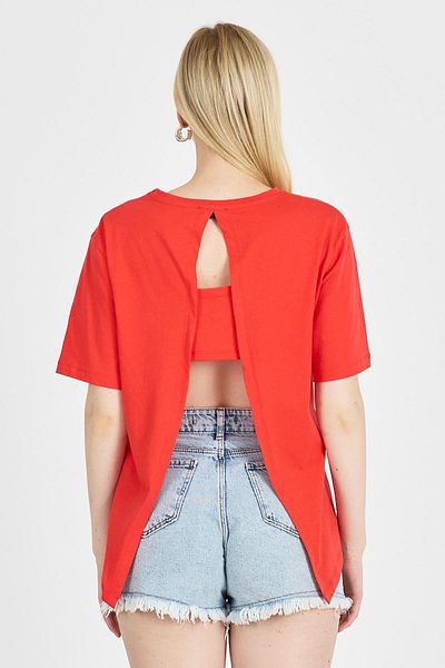 odelon Women's Back Detailed 100% Cotton Red T-Shirt