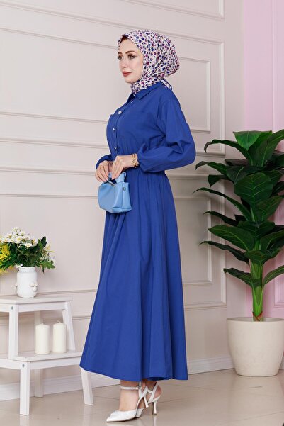 Sevitli Beli Lastik Detaylı Yasemin Elbise-Saks Mavi