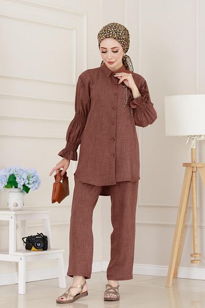 Sevitli Double Suit with Stones on the Front and Elasticized Sleeves-Brown