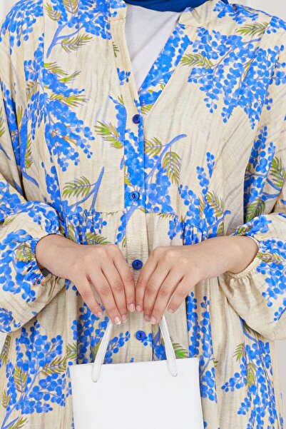 Sevitli Φόρεμα με μοτίβο Mimoza με μισό κουμπί-Μπλε